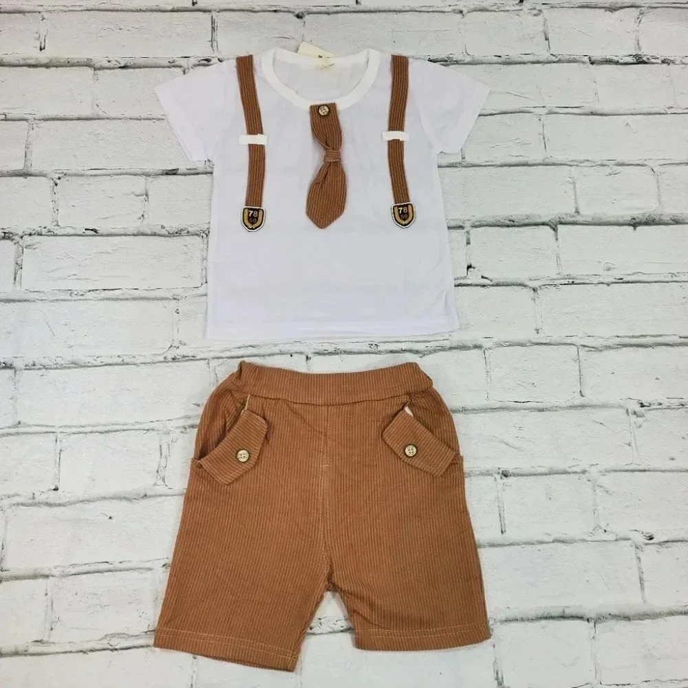 9-12M Brown Faux Suit Shorts Baby Boys 2 pcs Outfit. T-Shirt and Shorts Set